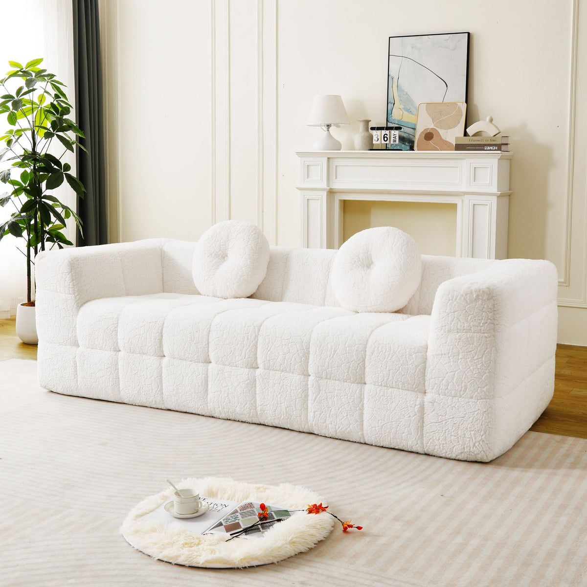 Beige 3 Seater Sofa with Circular Throw Pillows - Lychee-Textured Polyester