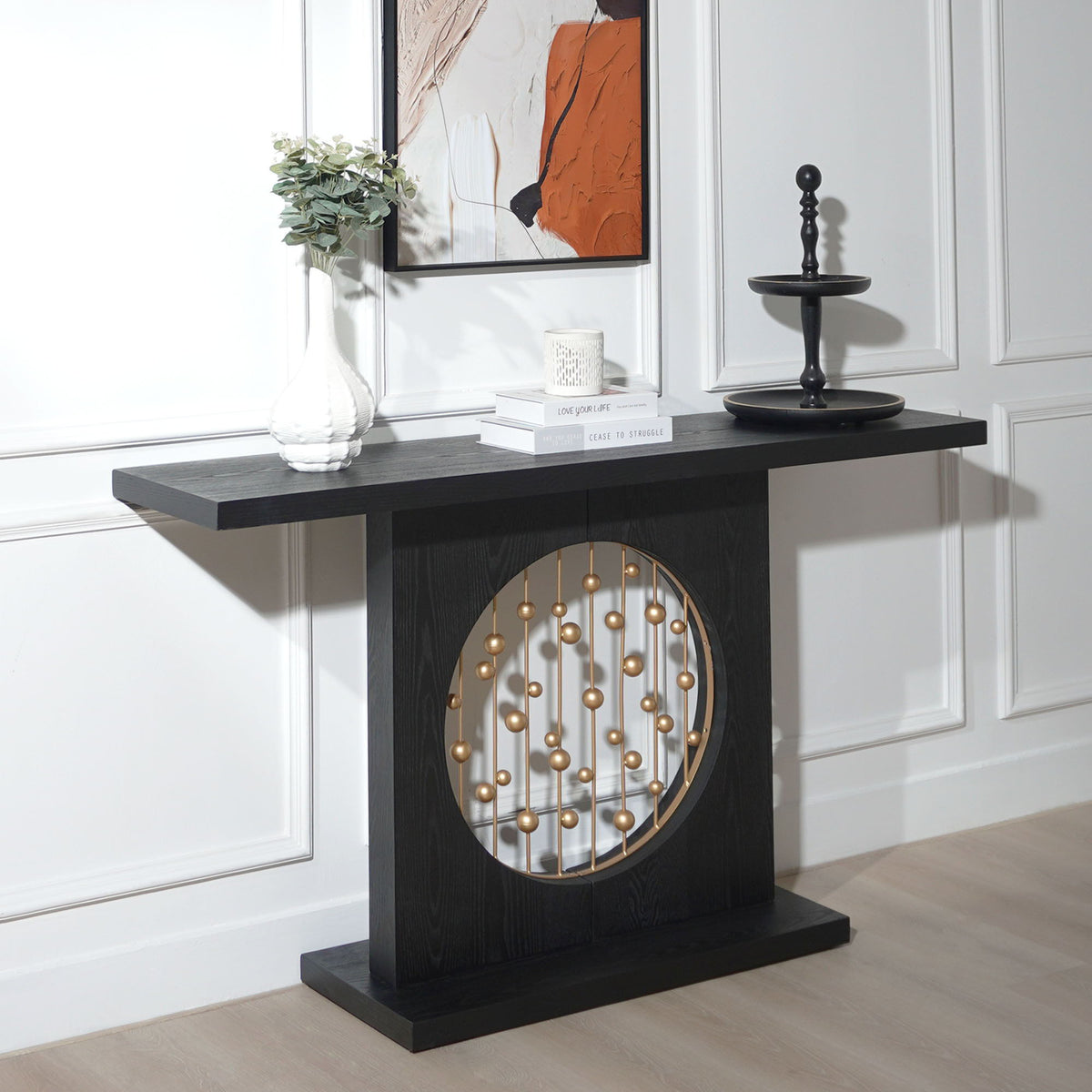 Console Table with Circular Art Decor for Living Room - Multi