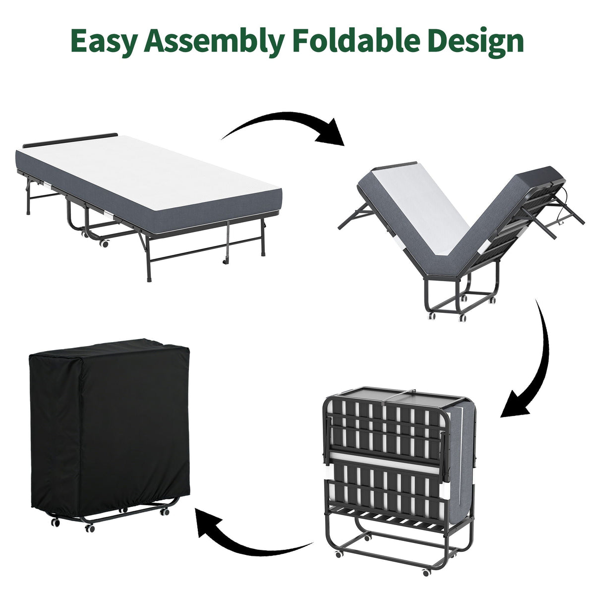 Twin Folding Bed with Adjustable Headboard – Memory Foam, Heavy-Duty Frame, Black