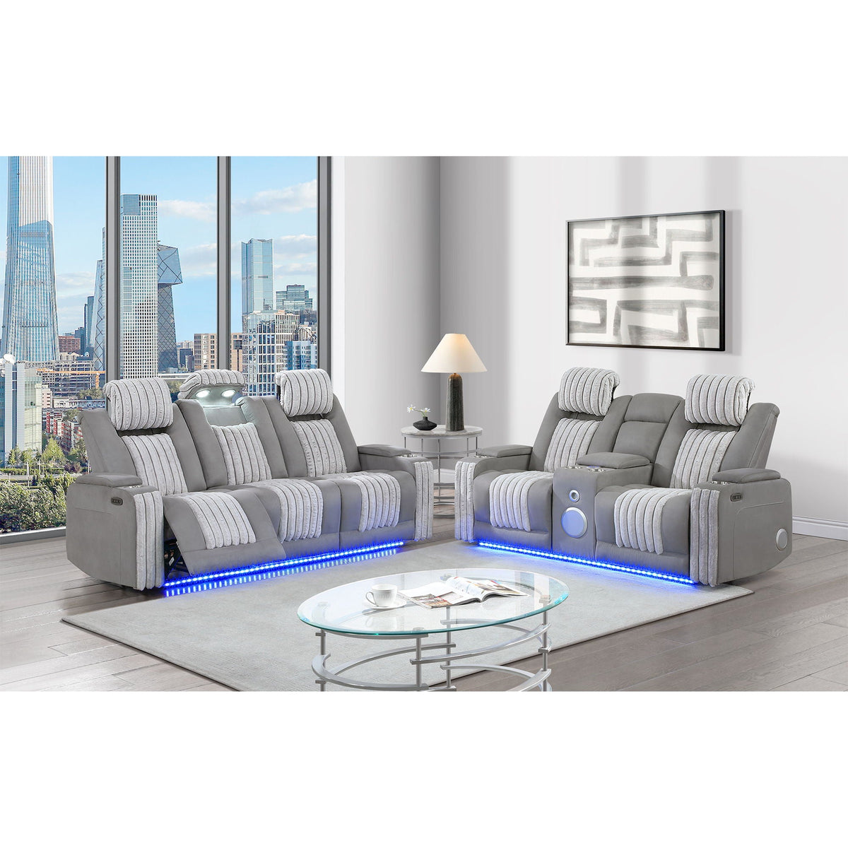 Power Reclining Sofa with Power Headrest and Drop Down Table - Black, Dark Brown, or Dark Gray