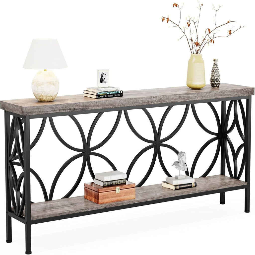 Extra Long Console Table with Open Storage Shelves - Dark Gray or Dark Brown