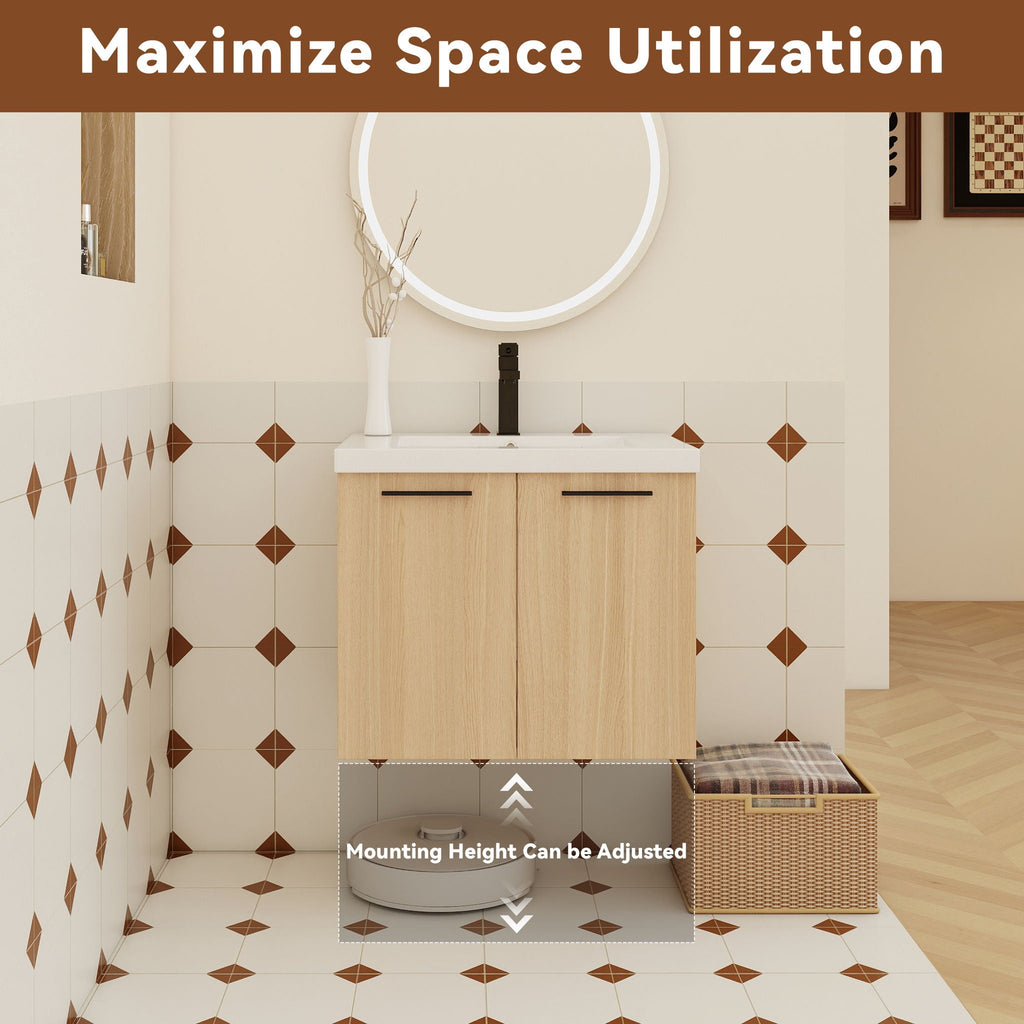 Floating Bathroom Vanity With Sink, Wall Mounted Double Door Storage - Light Brown