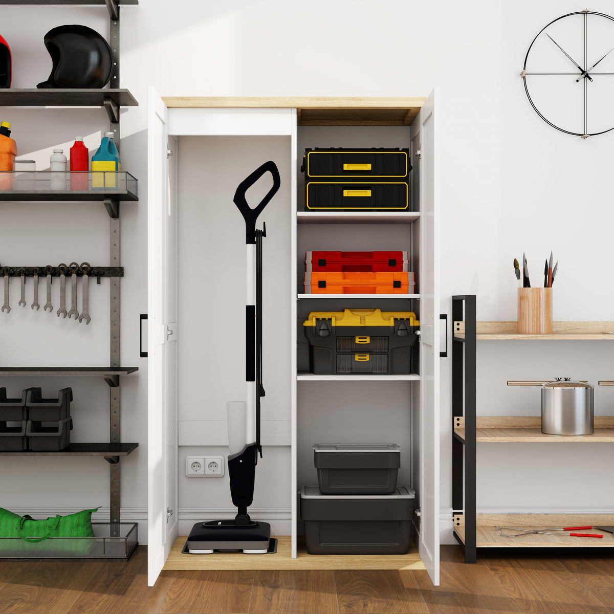 Tall Wooden Vacuum Storage Cabinet with Adjustable Shelf - White