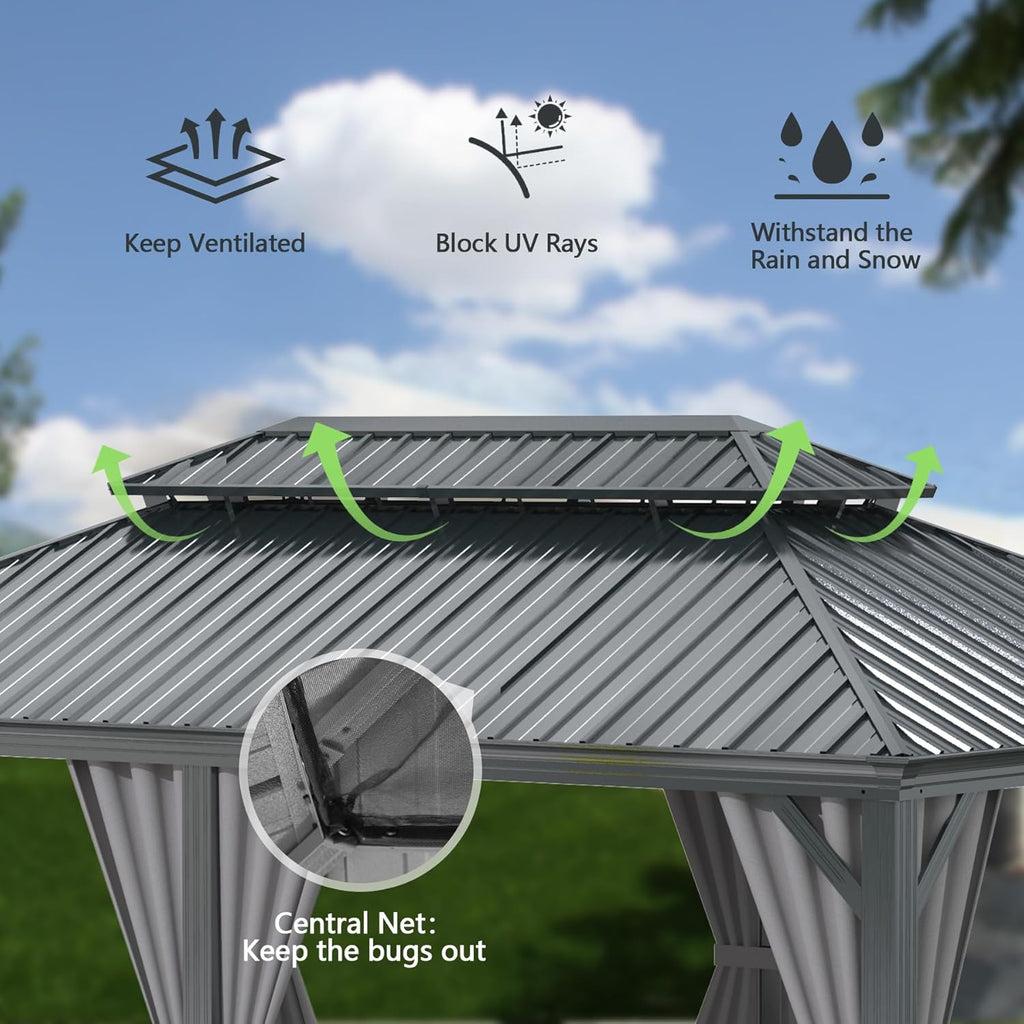 11x13FT Outdoor Gazebo with Galvanized Steel Double Roof - Gray or Brown