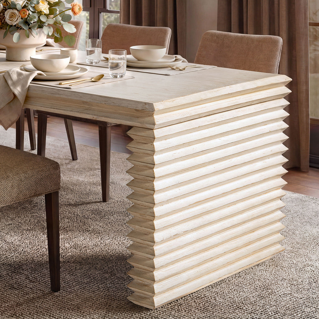 Geometric Waterfall Dining Table with Sculptural Base - White