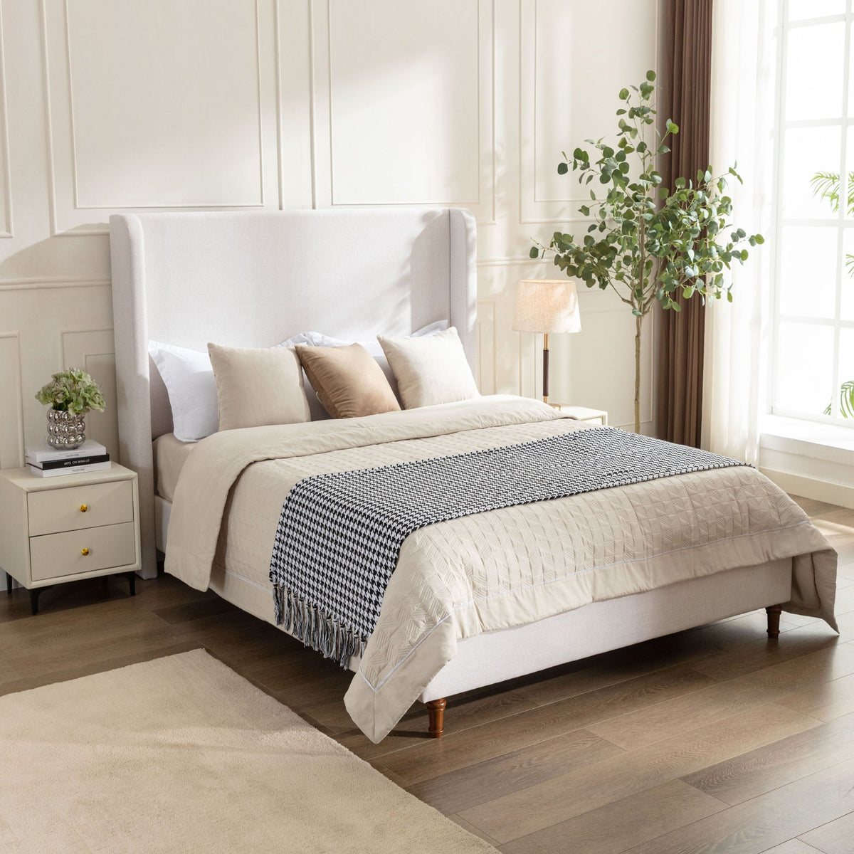 Tall Headboard Upholstered Bed with No Box Spring Needed - Cream