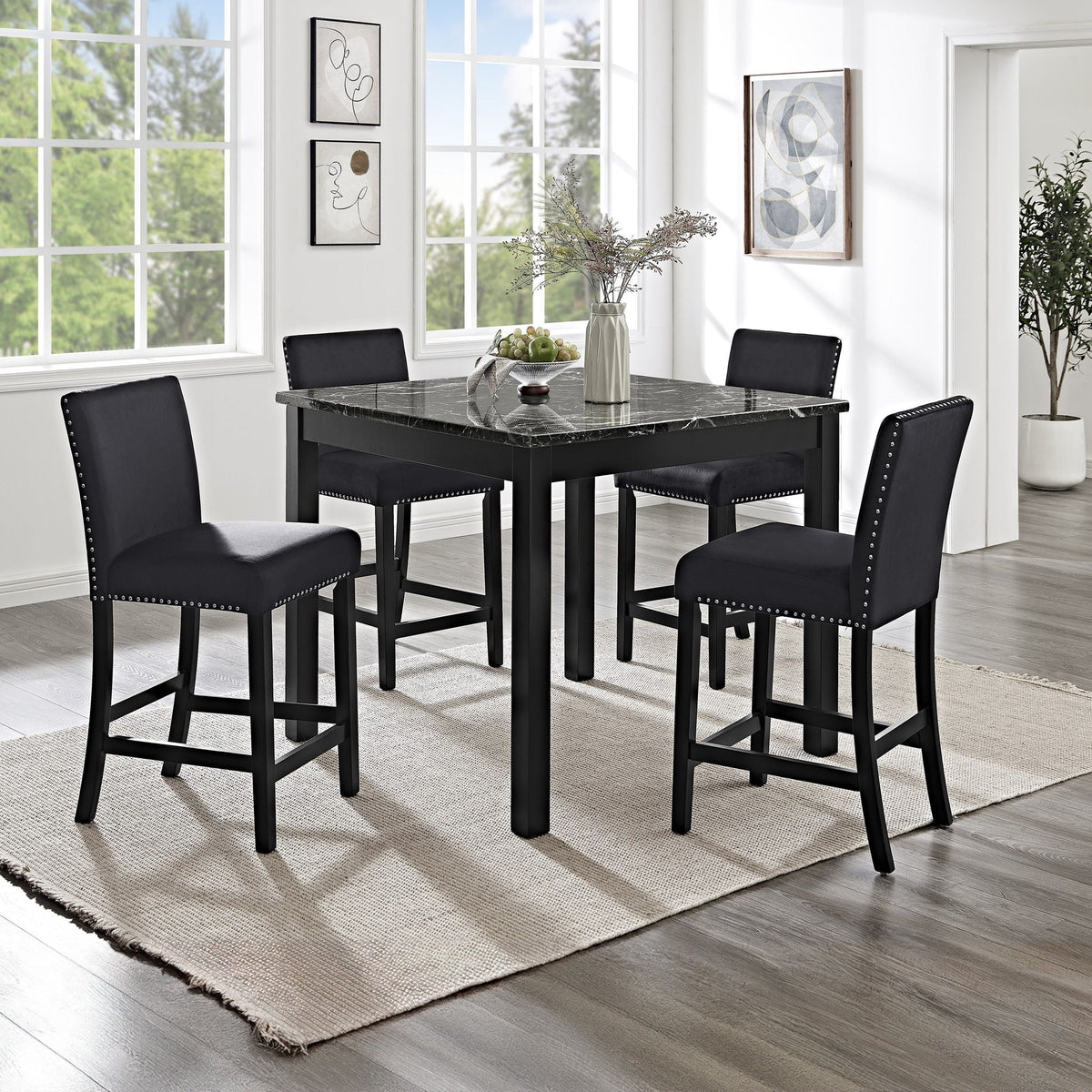 Counter Height Dining Set with Tufted Nail Head Chairs - Black
