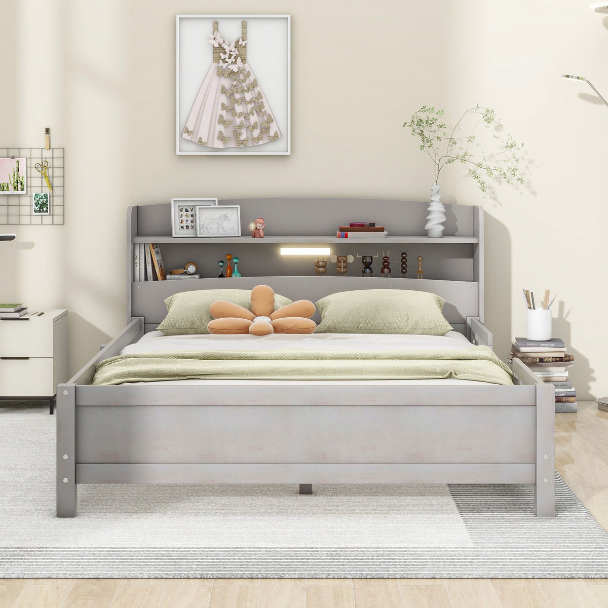 Wood Platform Storage Bed with LED Light & Storage Headboard - White or Dark Gray