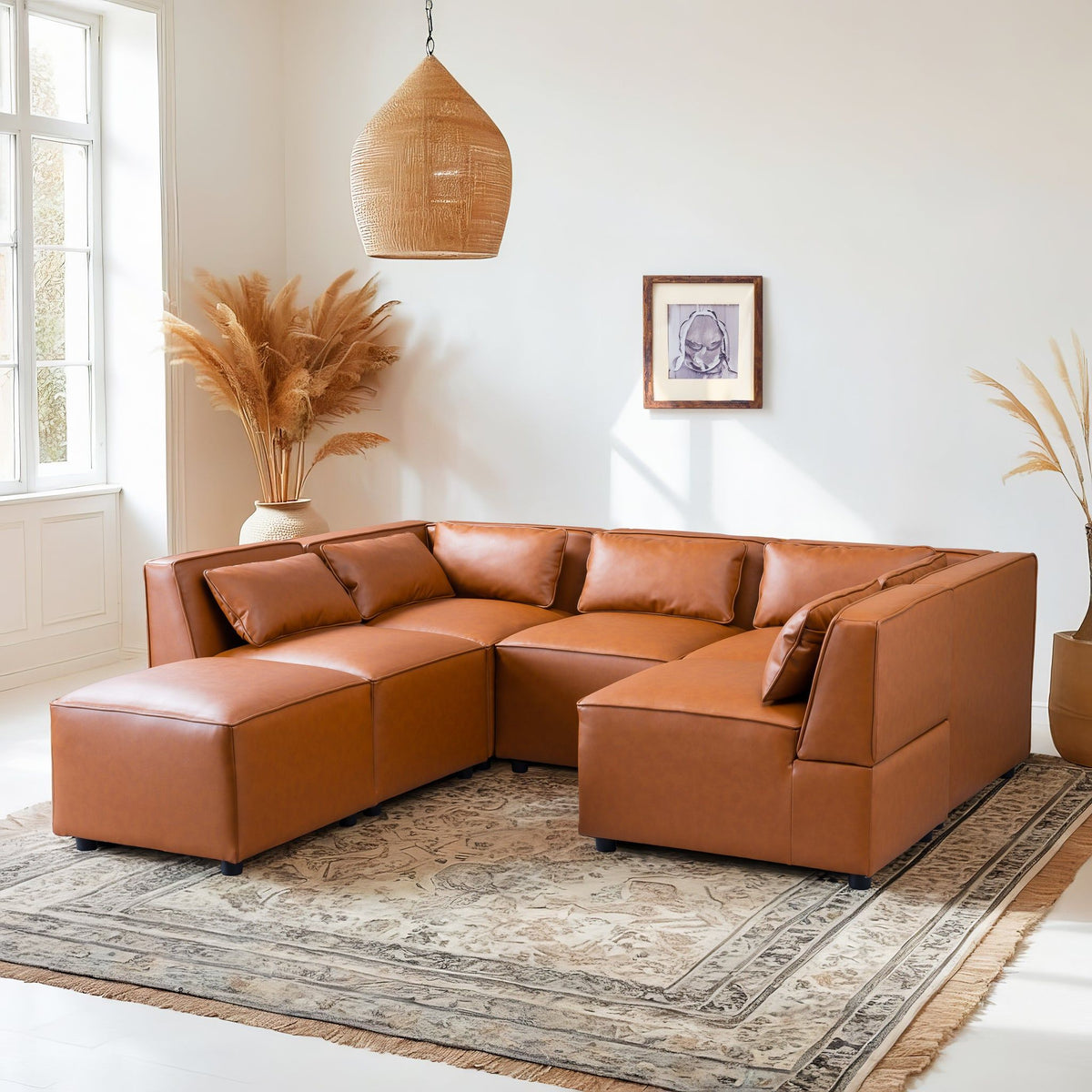 Modular Sofa with Vegan Leather Upholstery - Cognac