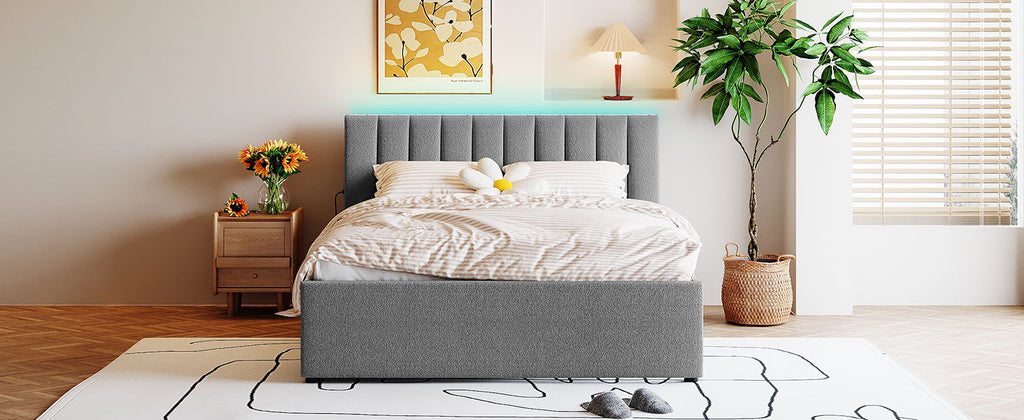Upholstered Platform Bed With Trundle and LED Lights - Full or Queen