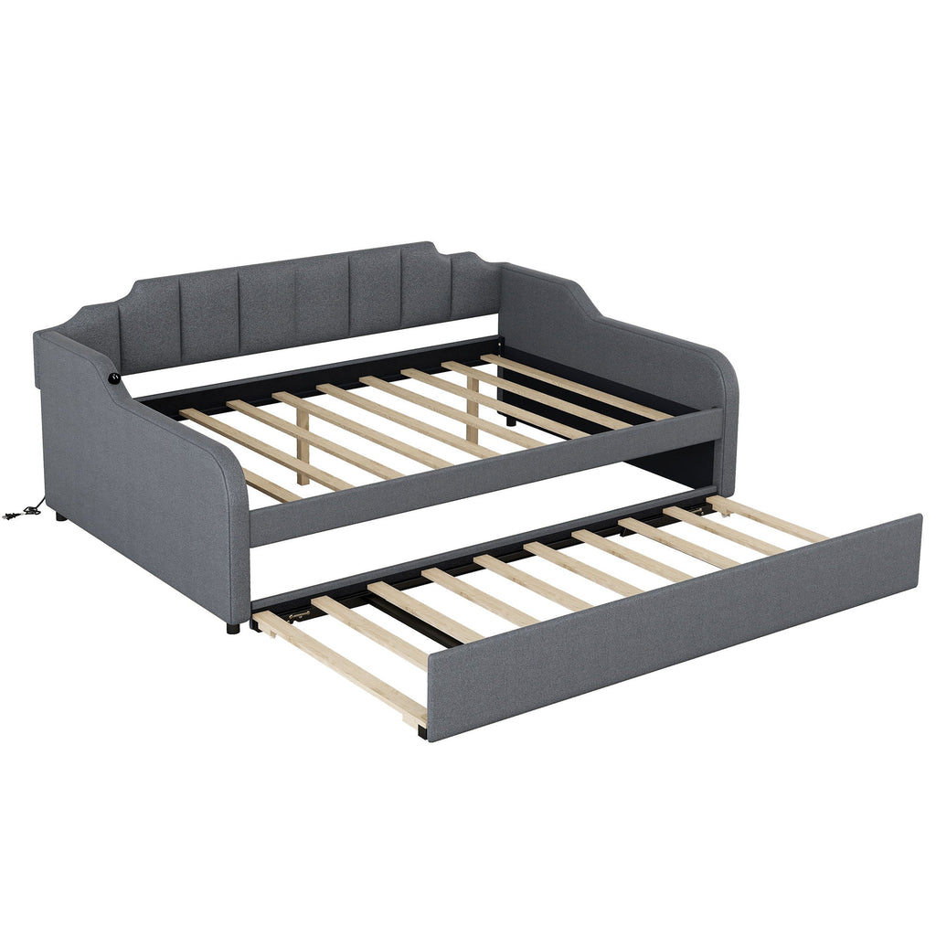 Full Size Upholstered Daybed with Trundle and USB Charging - Gray