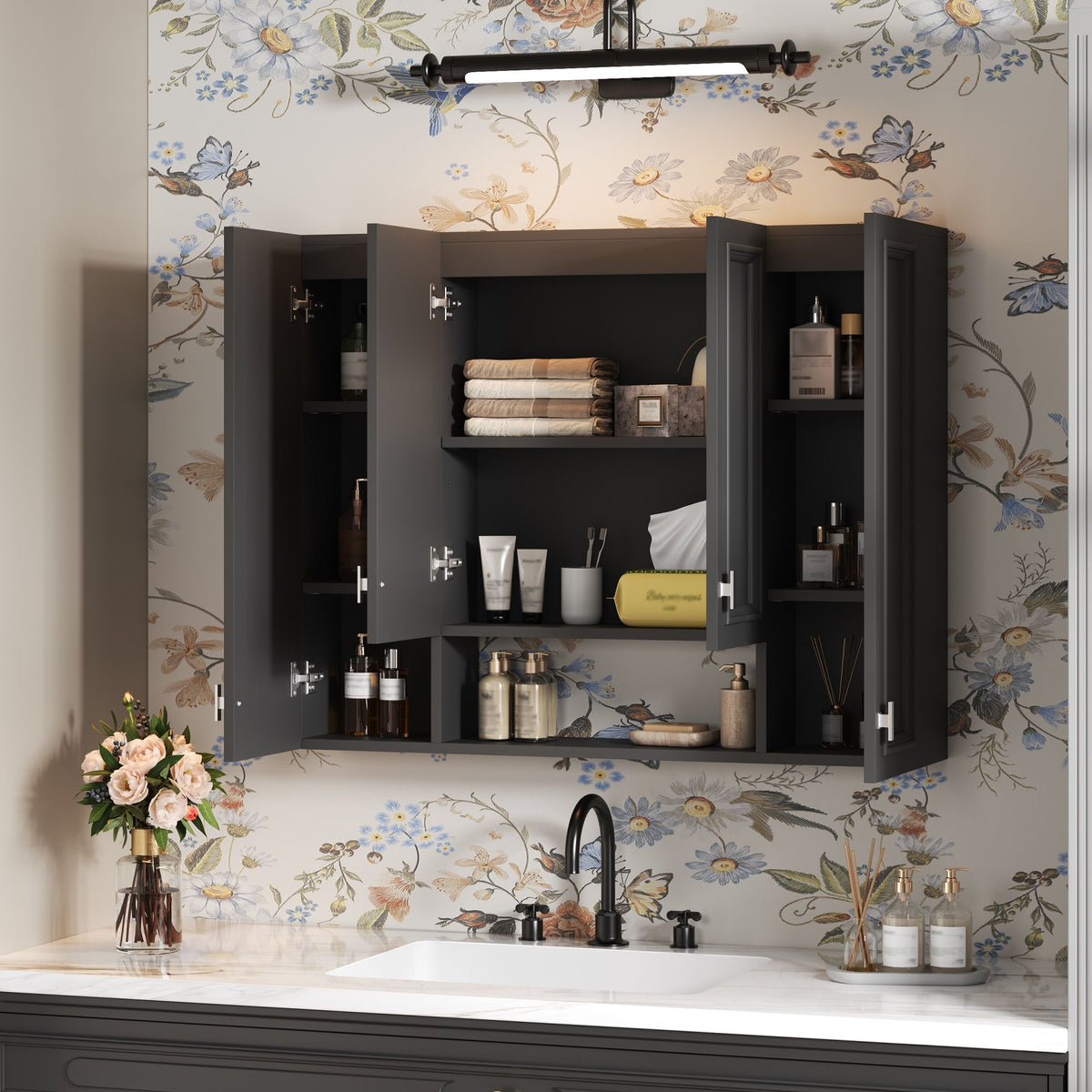 Wall Mounted Bathroom Cabinet With 5 Adjustable Shelves and Soft-Closing Hinges - Gray or Black