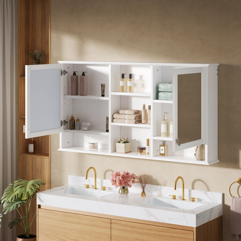 Wall Mount Mirror Cabinet with Adjustable Shelves - White