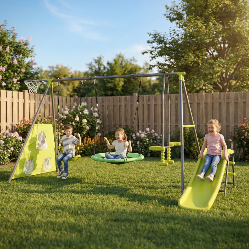 Saucer Swingset with Mini Slide – Steel Outdoor Playset - Green or Grey+Blue