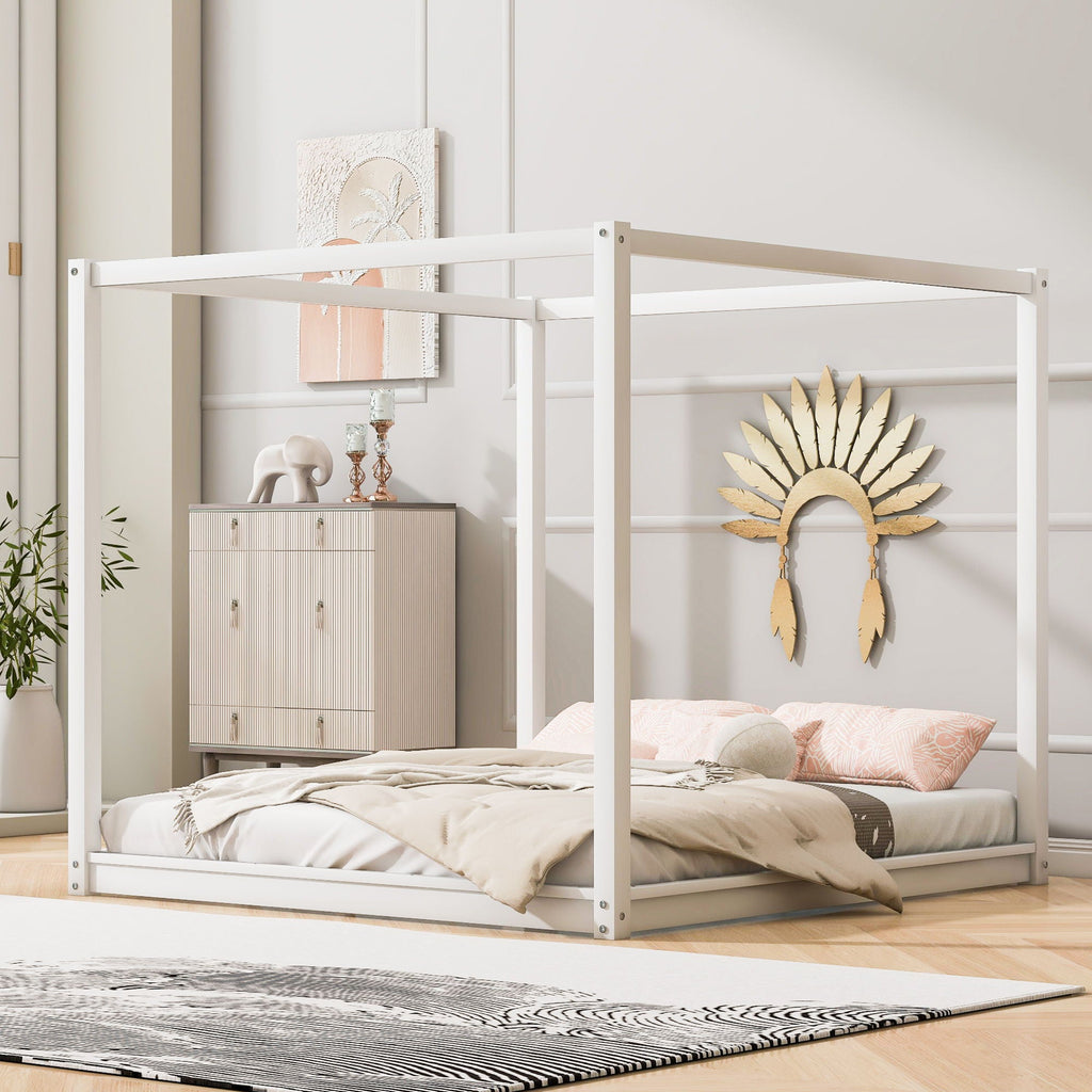 Wood Canopy Platform Bed with Airflow Slats and Support Legs - White or Light Brown