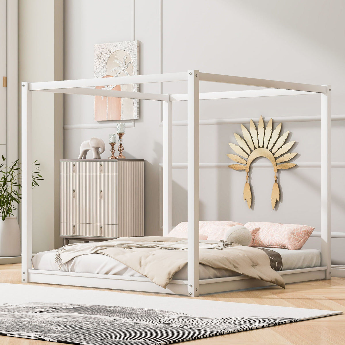 Wood Canopy Platform Bed with Airflow Slats and Support Legs - White or Light Brown