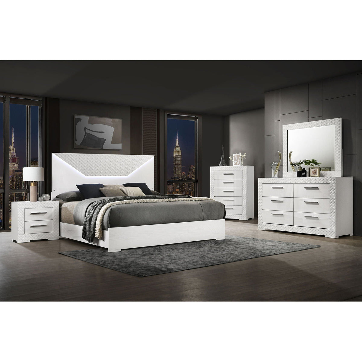 Pierce Panel Bed with LED Headboard - High Gloss Finish - White or Dark Gray