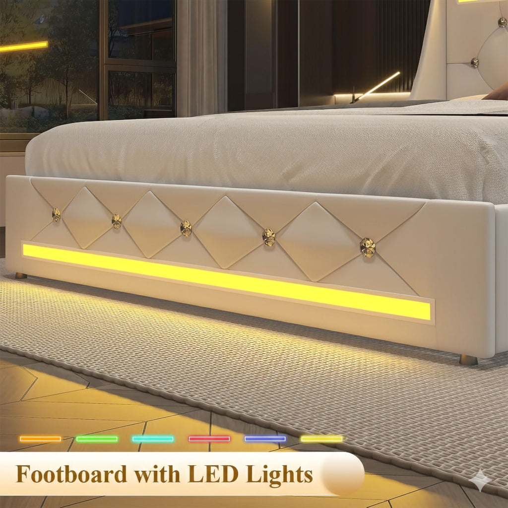 Wingback Upholstered Bed Frame with LED Lights and Charging Station - Black or White