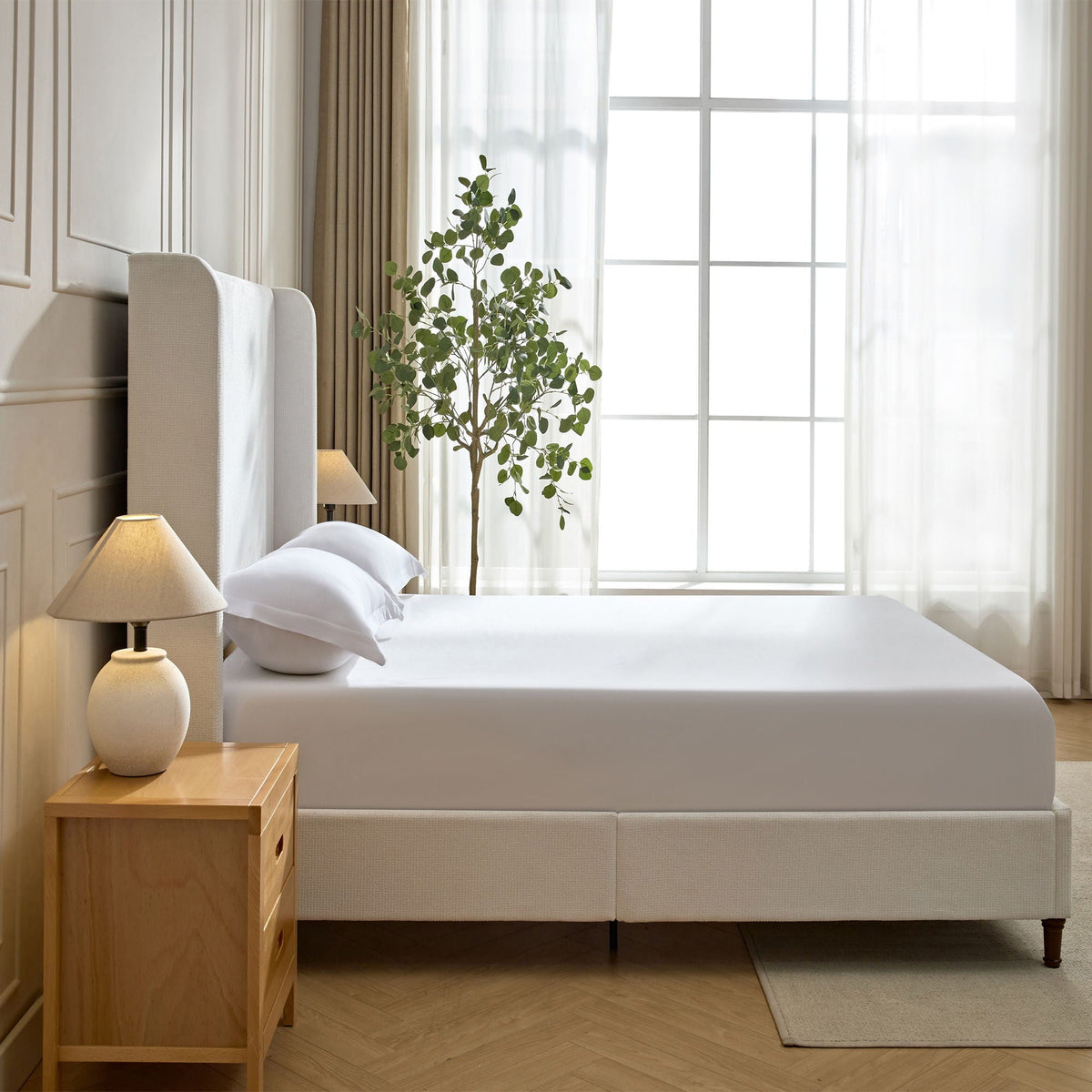 Tall Headboard Upholstered Bed with No Box Spring Needed - Cream