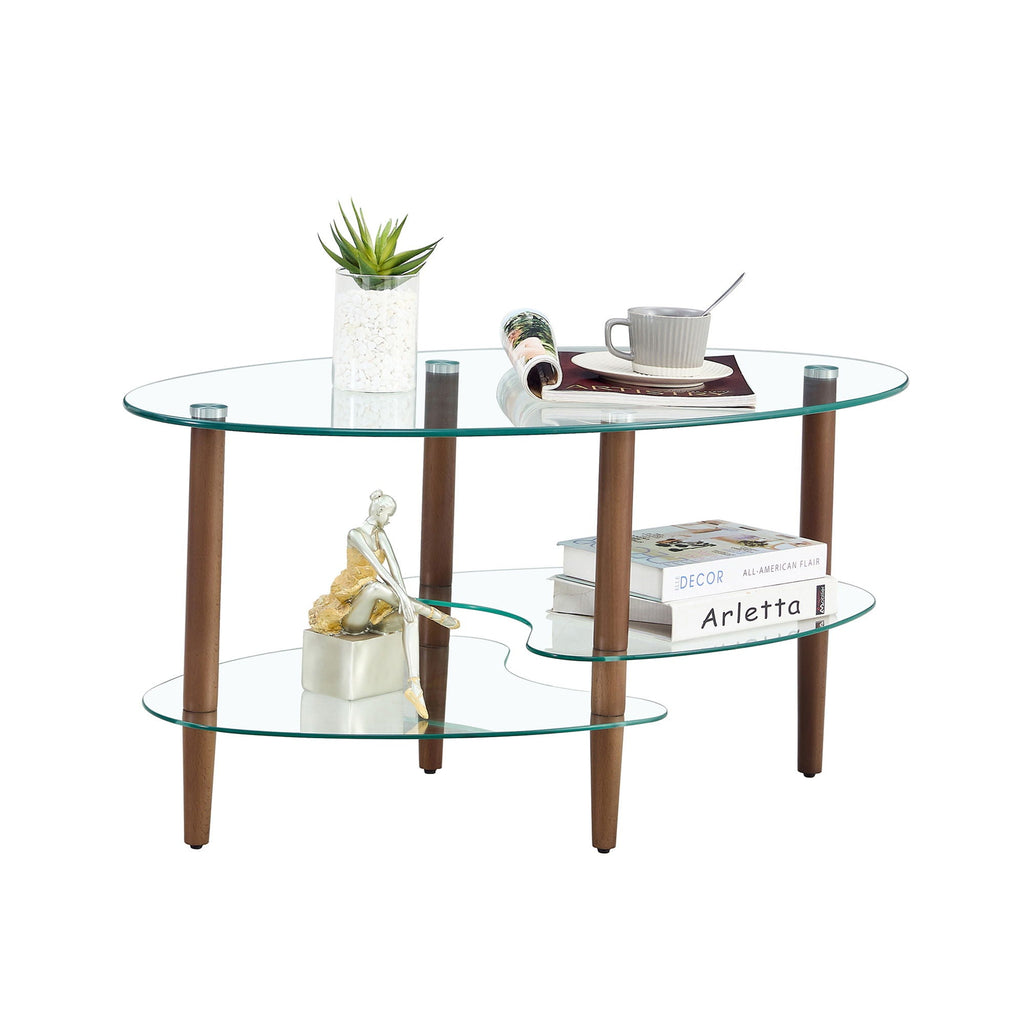 Transparent Oval Glass Coffee Table with 3-Layer Tempered Glass - White or Light Brown