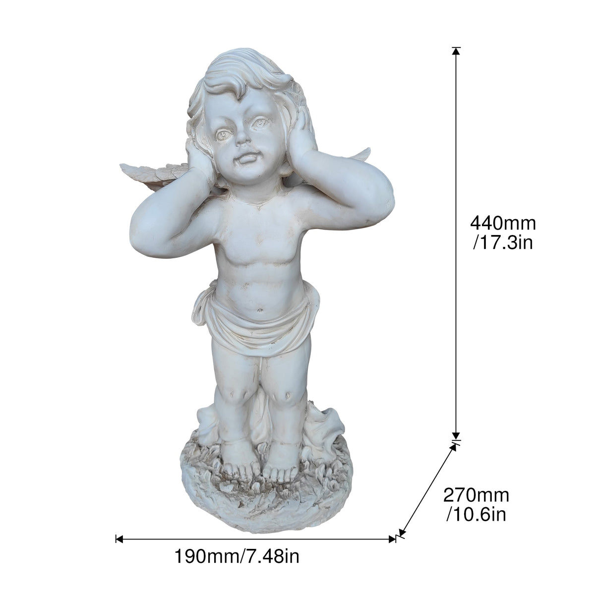 Winged Angel Resin Sculpture with Covering Ears - White