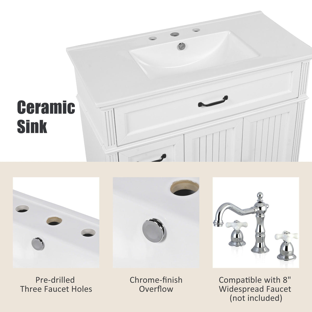 Bathroom Vanity With Sink and Drawers - Freestanding Solid Wood Cabinet