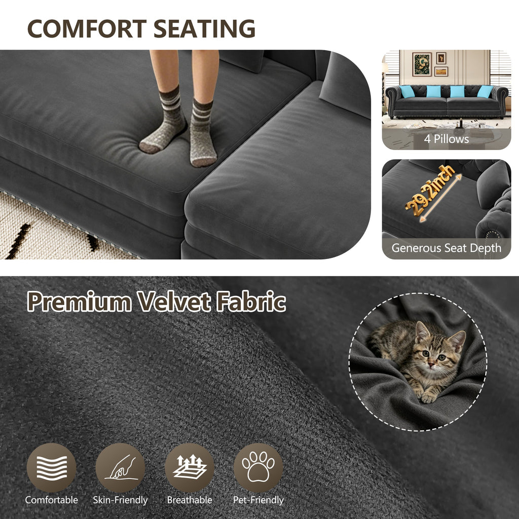 Chesterfield 3-in-1 Convertible Velvet Sofa Bed with Pull-Out Sleeper - Grey