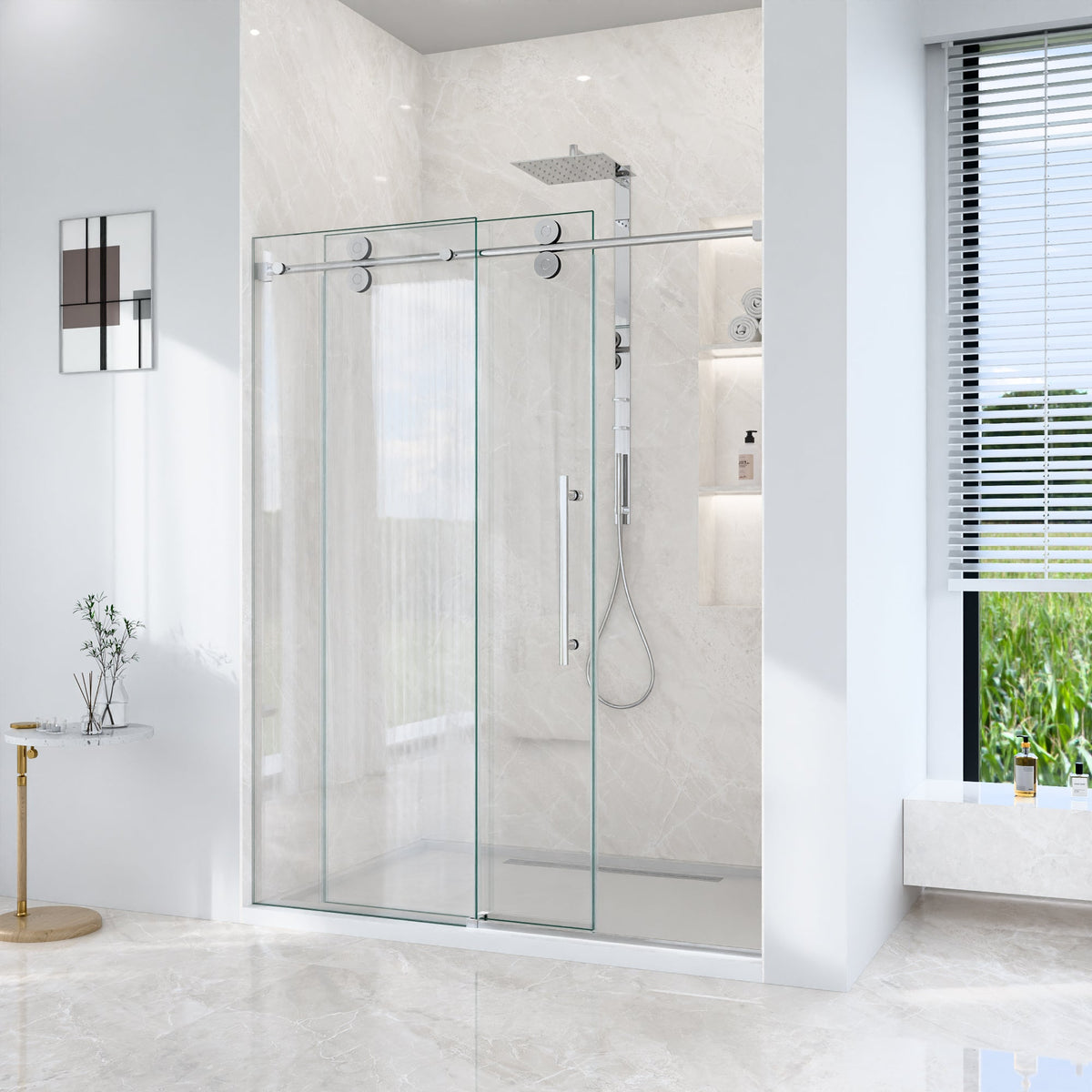 56-60"W Frameless Sliding Shower Door with Clear Tempered Glass - Chrome