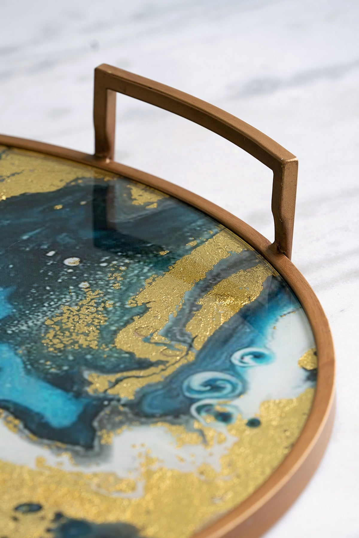 Round Accent Mirrored Tray with Handles - Blue & Gold