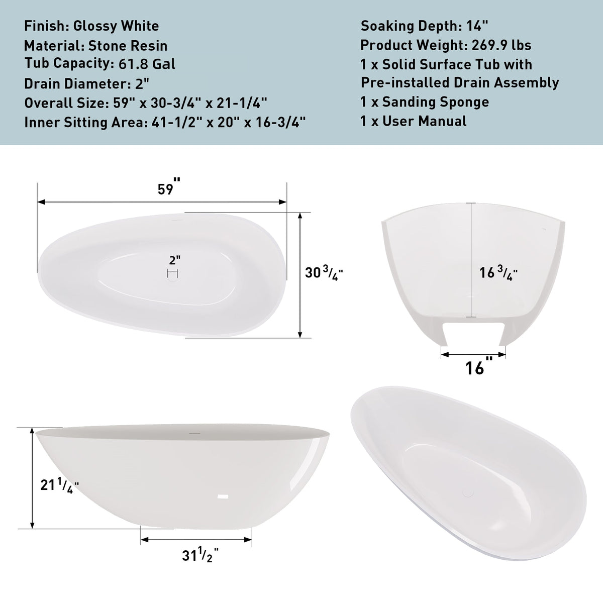 59" Freestanding Solid Surface Bathtub with Overflow Drain - Glossy White