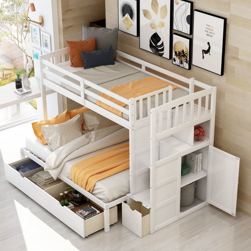Convertible Twin Over Full Bunk Bed with Storage Shelves and Drawers - White or Dark Gray
