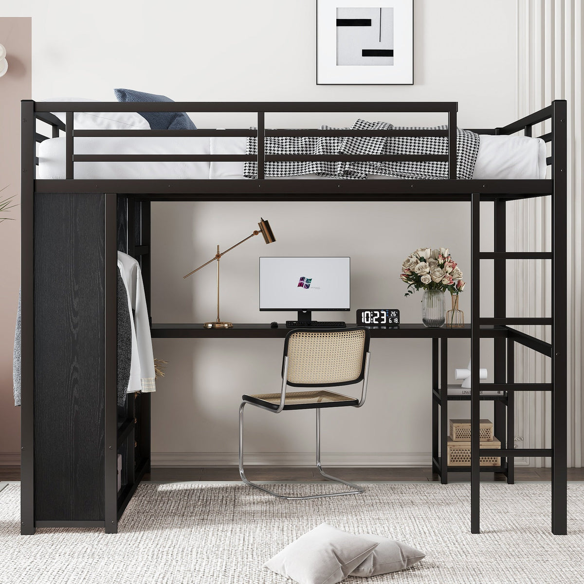 Full Size Loft Bed with Built-in Wardrobe and Desk