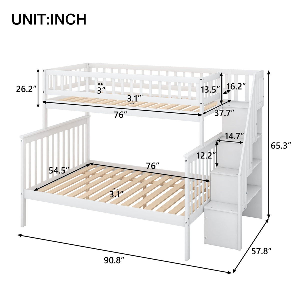 Bunk Bed with Staircase and Storage Options - Dark Gray or White