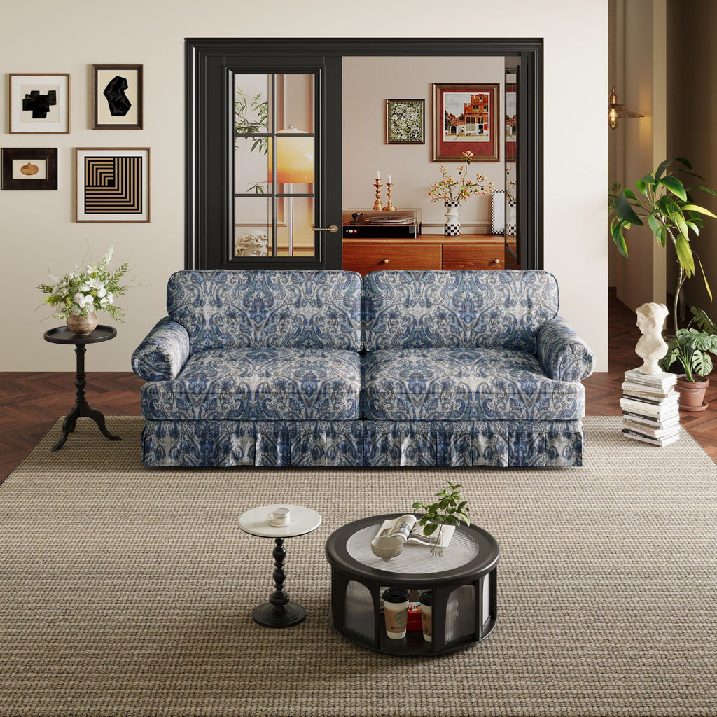 Cloud Couch Sofa with Rolled Arms and Pleated Skirt - Beige, Blue, or Light Brown