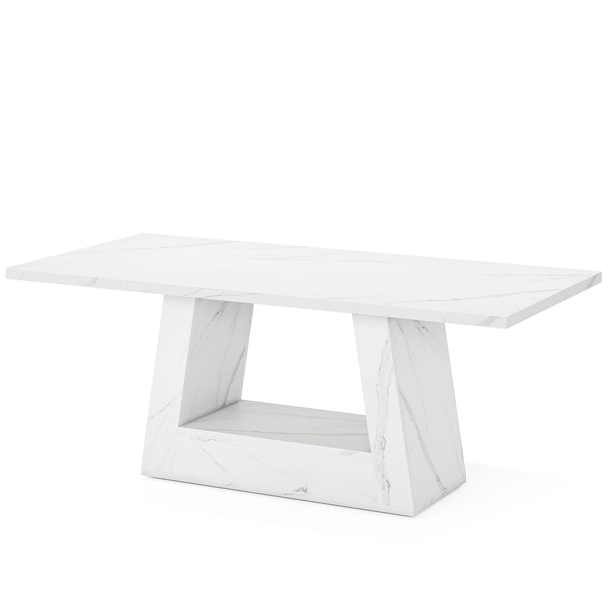 White Dining Table for 4–6 with Trapezoid Base - Faux Marble Finish