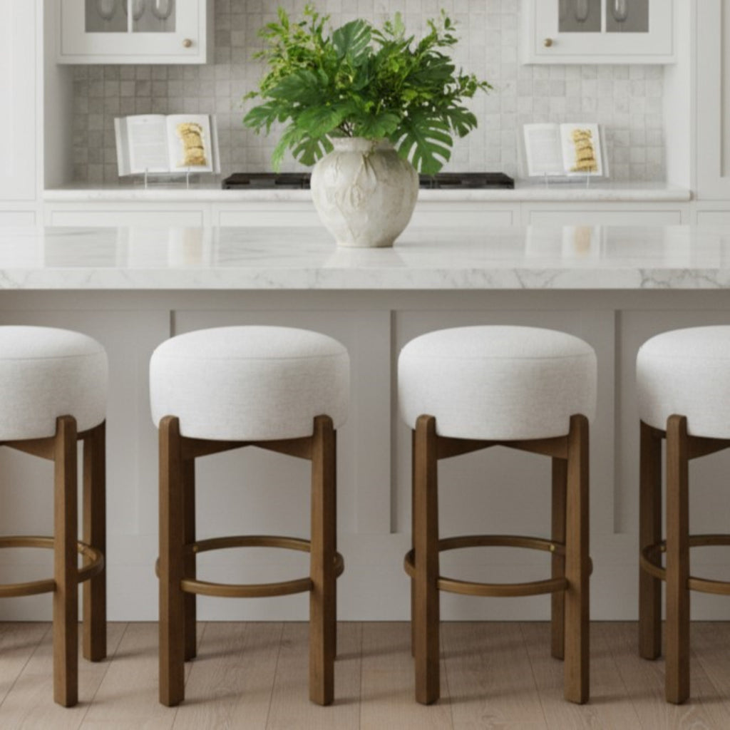 Vera Indoor Wooden Upholstered Barstool with Ivory Cushion - Dark