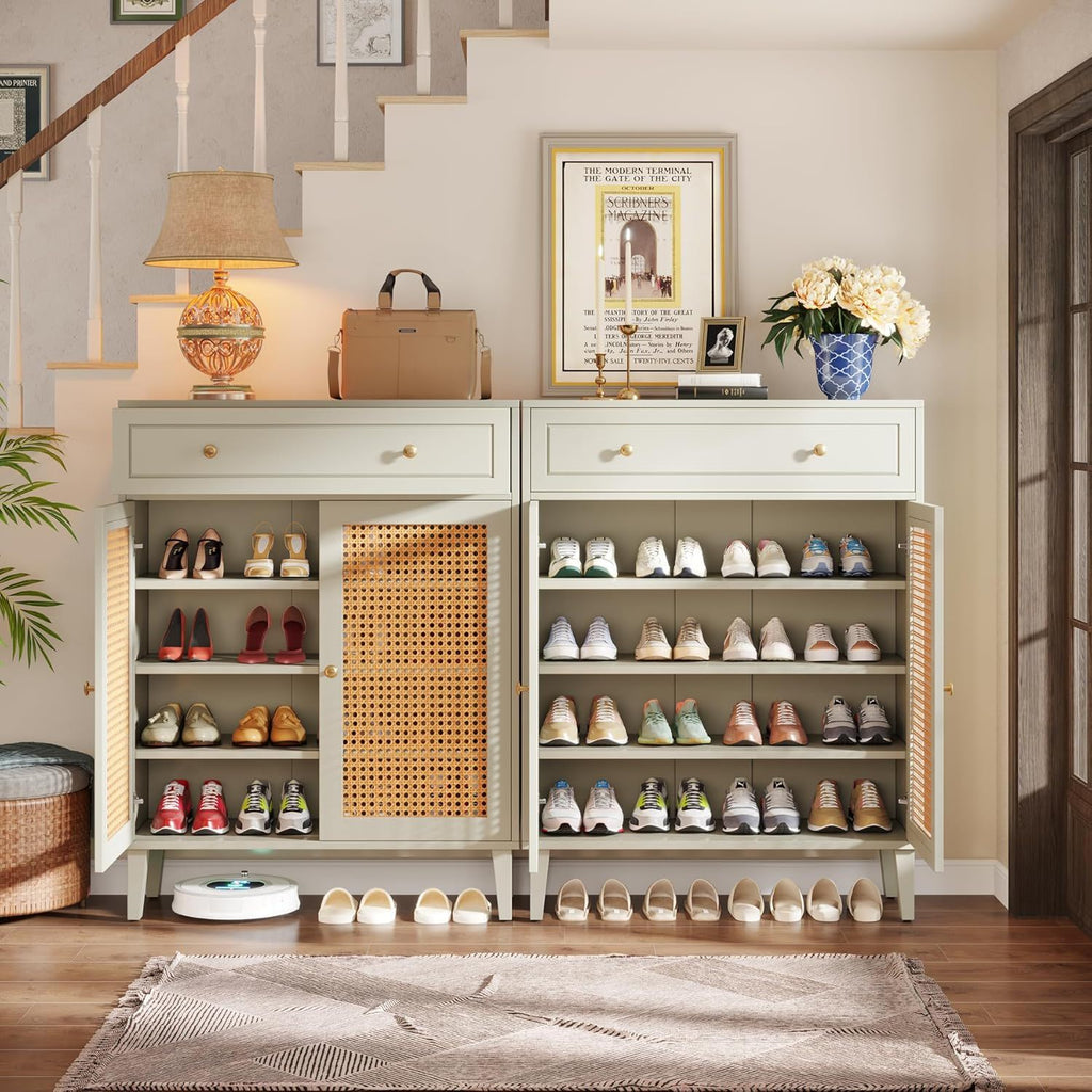 Mint Green Shoe Cabinet With Rattan Doors and Drawer - 4 Tier Storage Organizer