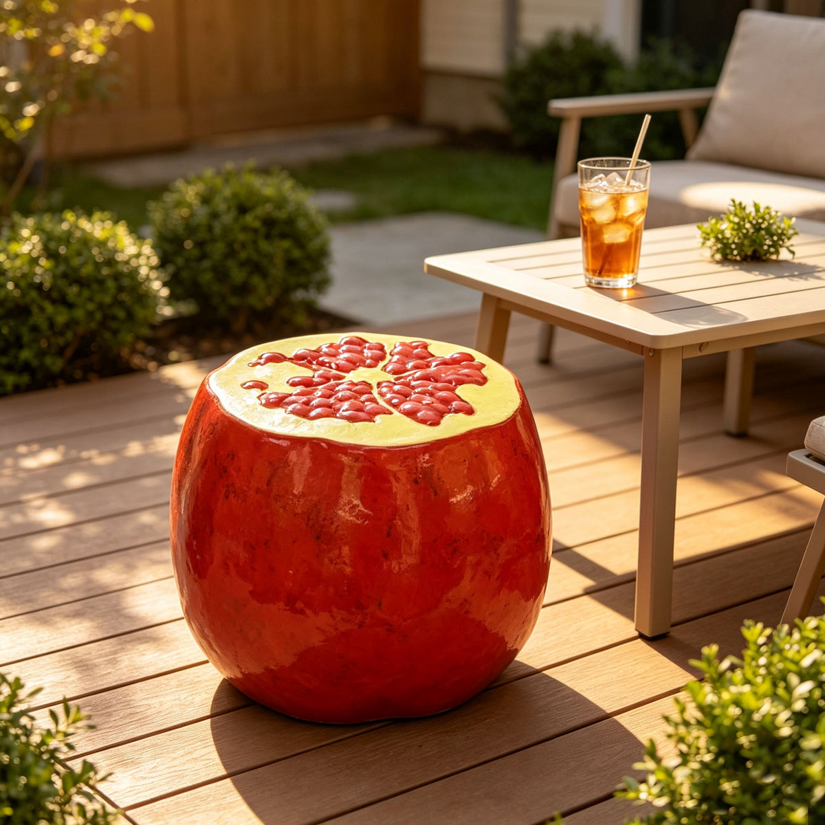 Oversized Pomegranate Fruit Stool with Durable Resin – Red