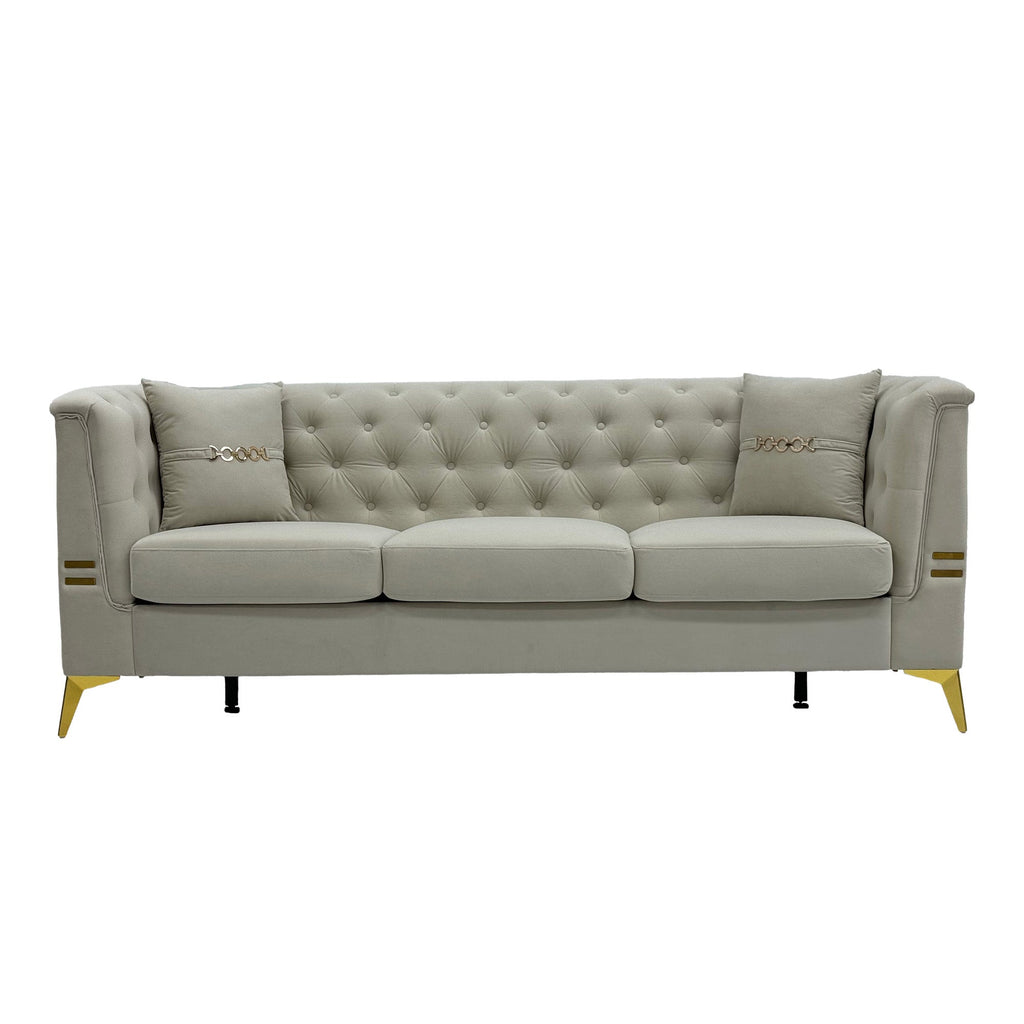 Modern Velvet Upholstered Sofa Set with Tufted Backrest - Cream White