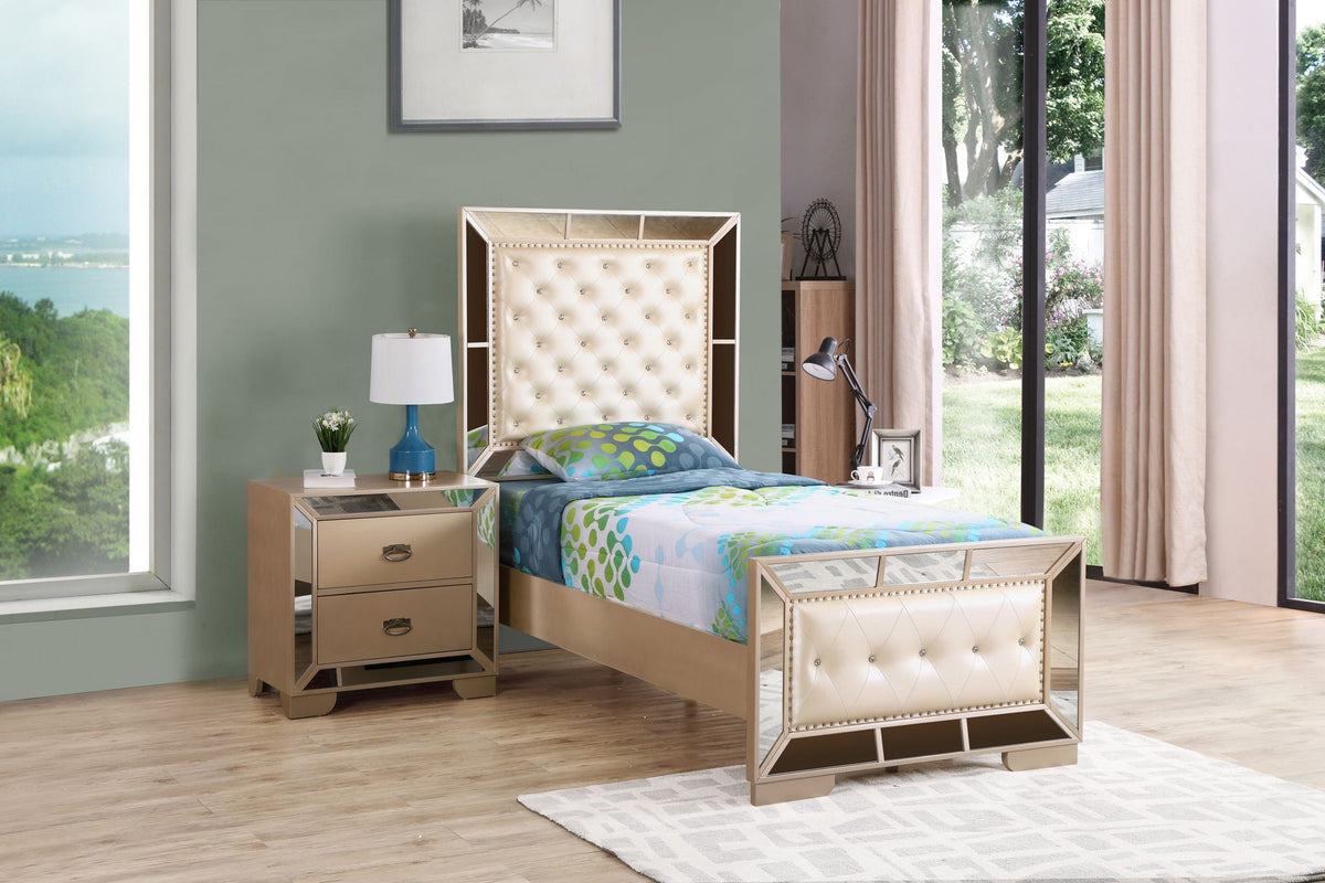 Contemporary Panel Bed with Mirrored Accents - Beige or Pearl Silver