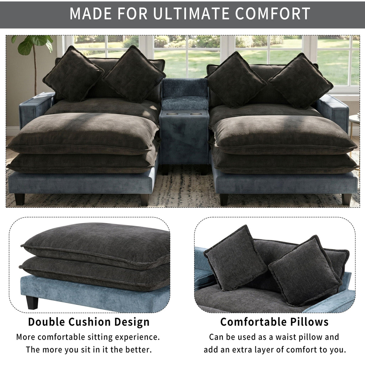 Sectional Sofa With Storage and Removable Ottomans - Gray / Light Blue