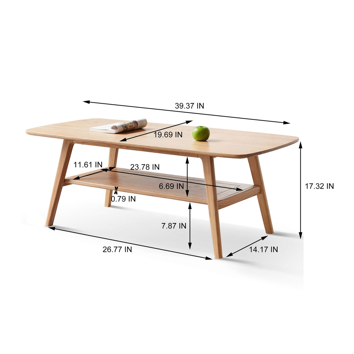 Low Coffee Table with Storage Shelf - Solid Oak - Light or Dark Brown