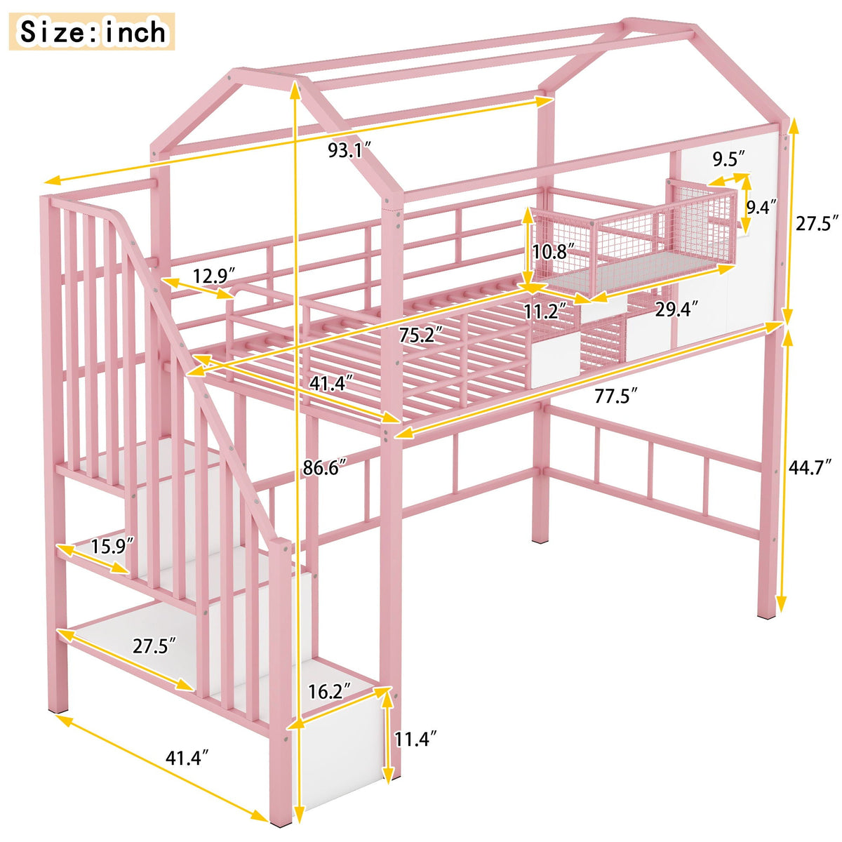 Metal Loft Bed With Roof Design and Storage Box with Guardrails and Integrated Ladder - Twin