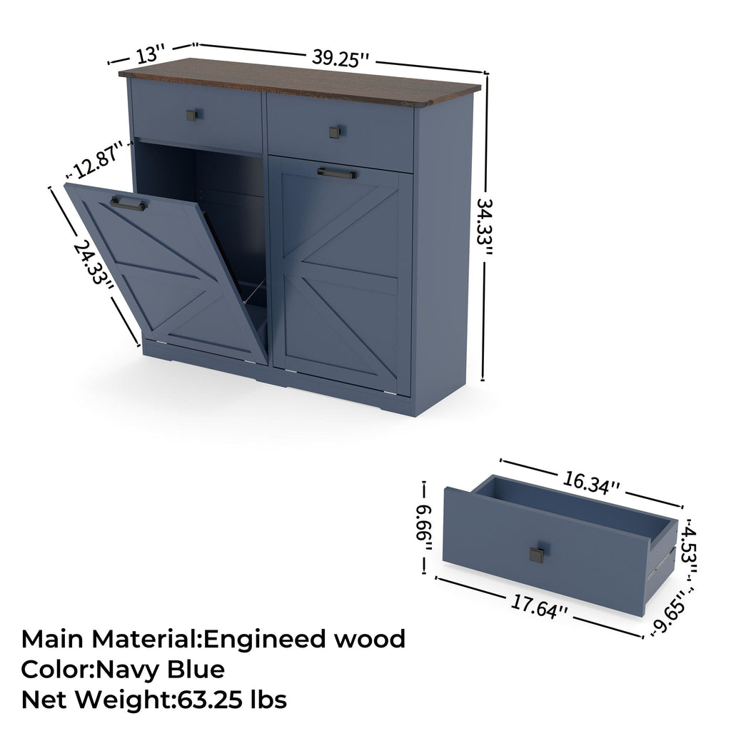 Double Tilt Out Trash Cabinet with Hideaway Drawer - Barn Door Style