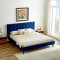 Mid-Century Platform Bed with Tufted Headboard - Blue