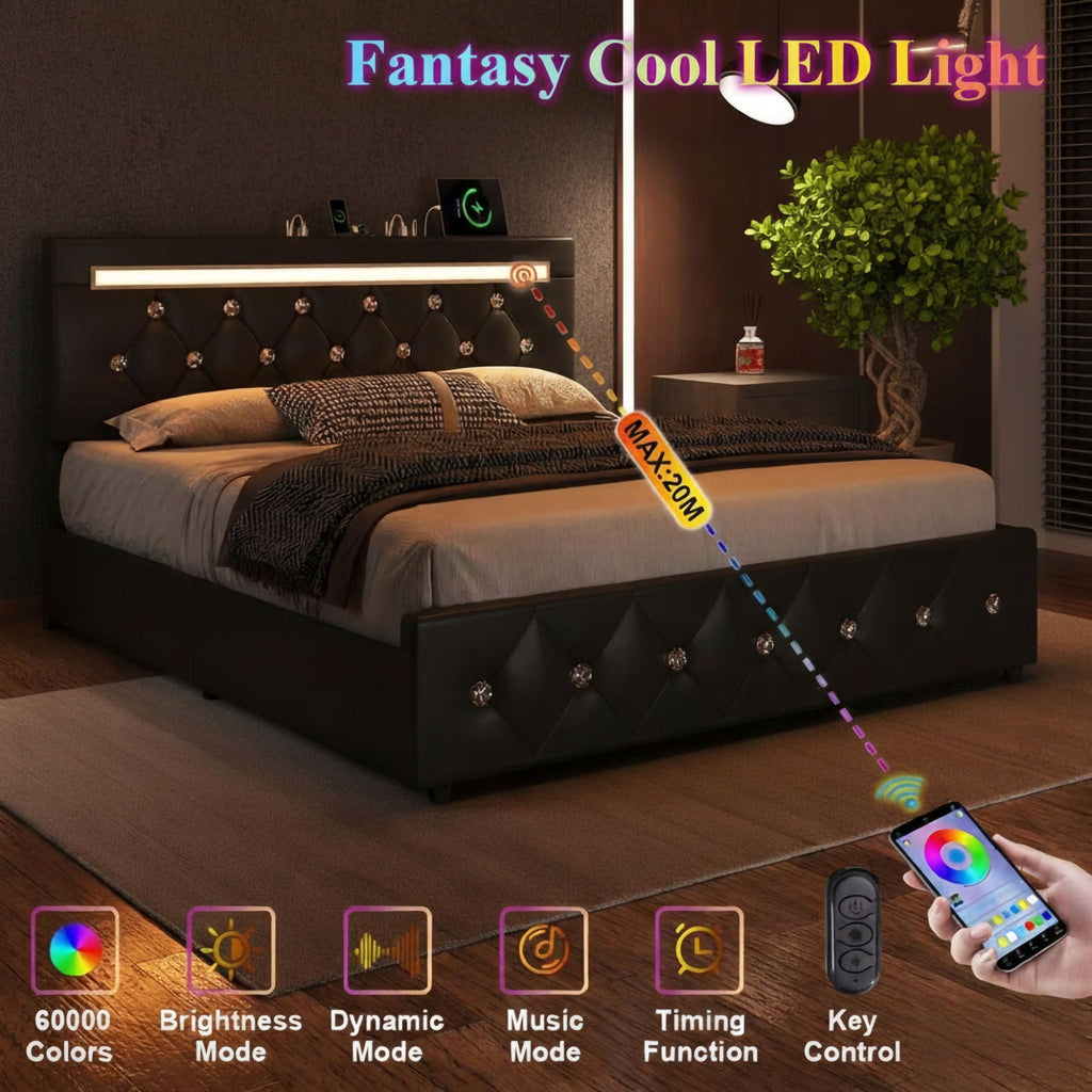Upholstered Storage Bed Frame with LED Lights and Drawers – White or Black
