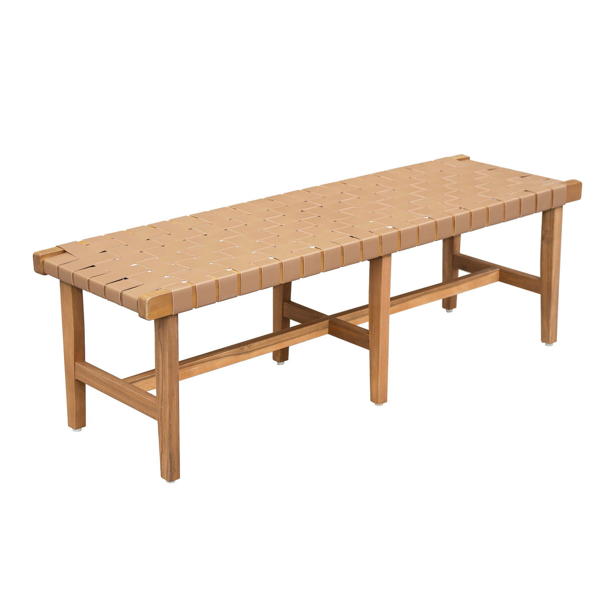 Acacia Wood Bedroom Bench with Woven PU Leather Seat - Warm Teak
