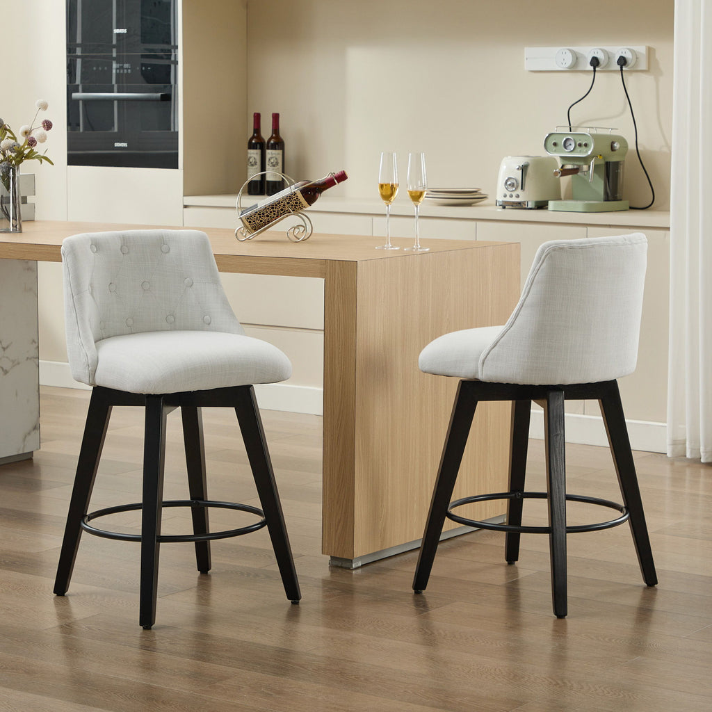Swivel Bar Stools with Button Tufted Back - White