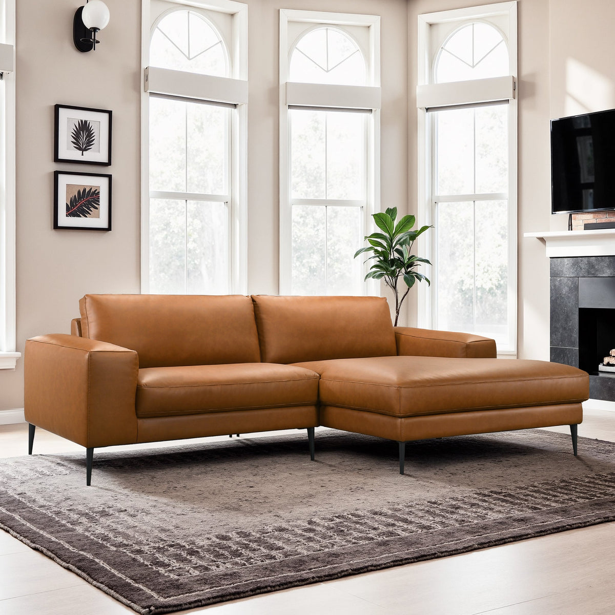 Easley Mid Century Modern Vegan Leather Wide-Arm Sectional Sofa - Brown