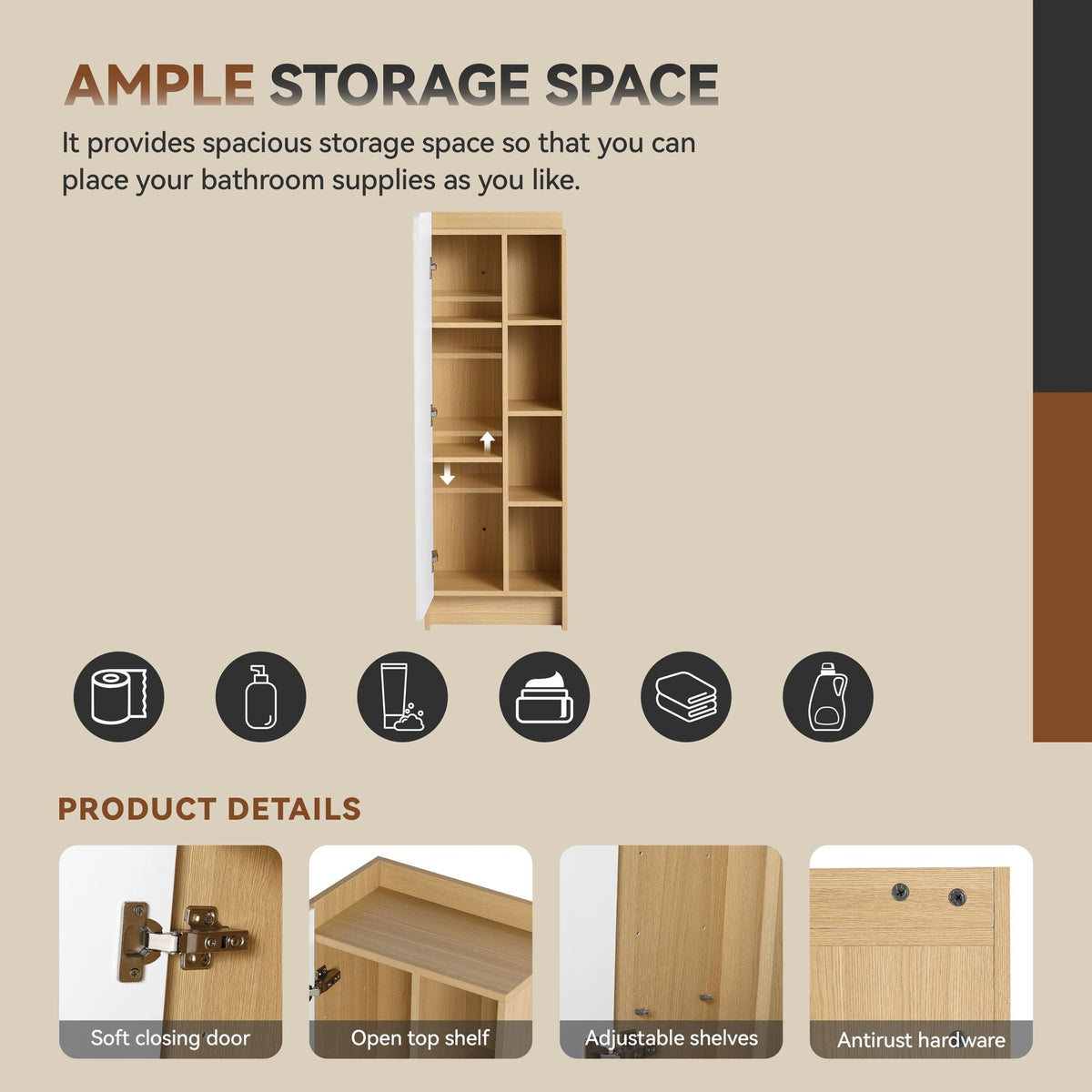 Tall Freestanding Bathroom Side Cabinet with Single Door & 4 Tier Open Shelves - Black / Light Oak / White